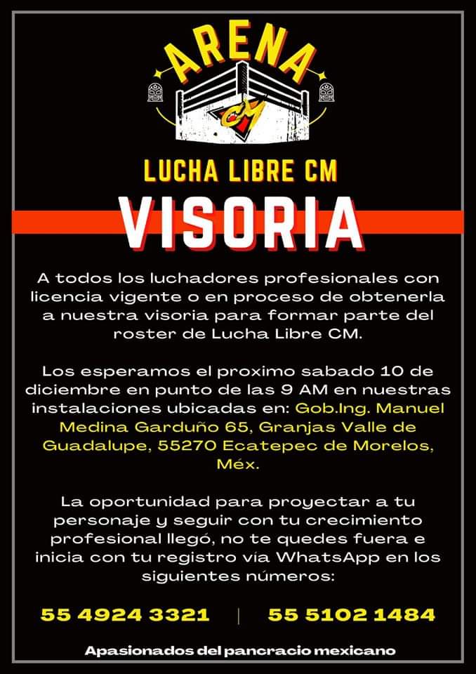 LaTijeraLucha's tweet image. #LuchaLibreCM abre convocatoria para formar parte de su equipo de trabajo y tú puedes ser el talento que buscan. Los requisitos son los siguientes:
1. Ser luchador con licencia vigente, en caso de no contar con ella y aprobar el examen contaremos con representantes de la comisión