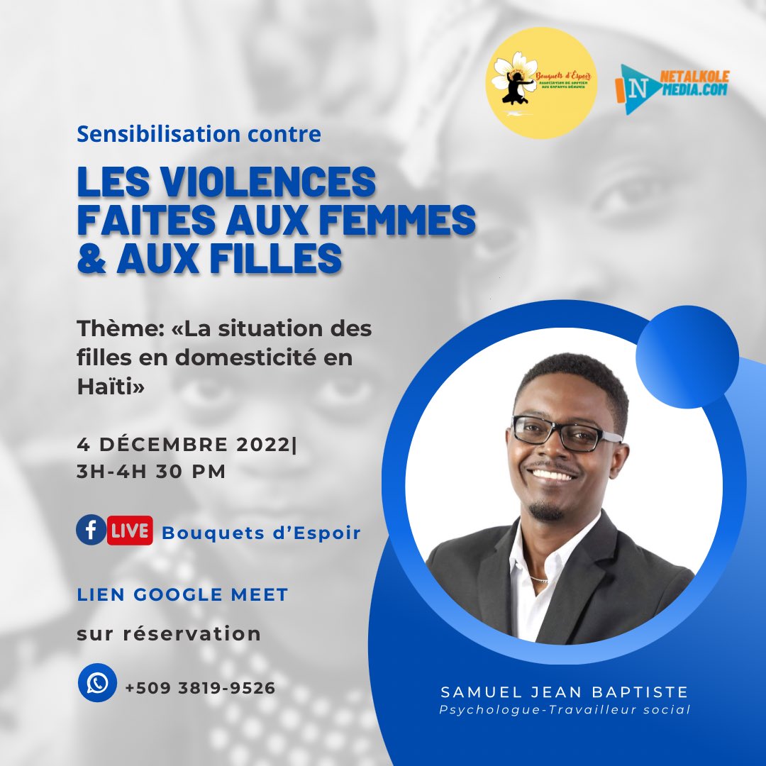 bouquetsdespoir's tweet photo. En Haïti, ce sont des milliers d’enfants qui sont en situation de domesticité. Ces enfants, majoritairement des👧🏾 sont appelées « Restavèk ». Nous vs donnonsrendez-vous cedimanche avec @Samueljeanbap, pour une discussion sur lesconséquences de cetteformed’esclavage etde servitude https://t.co/n3p9NPAOKQ