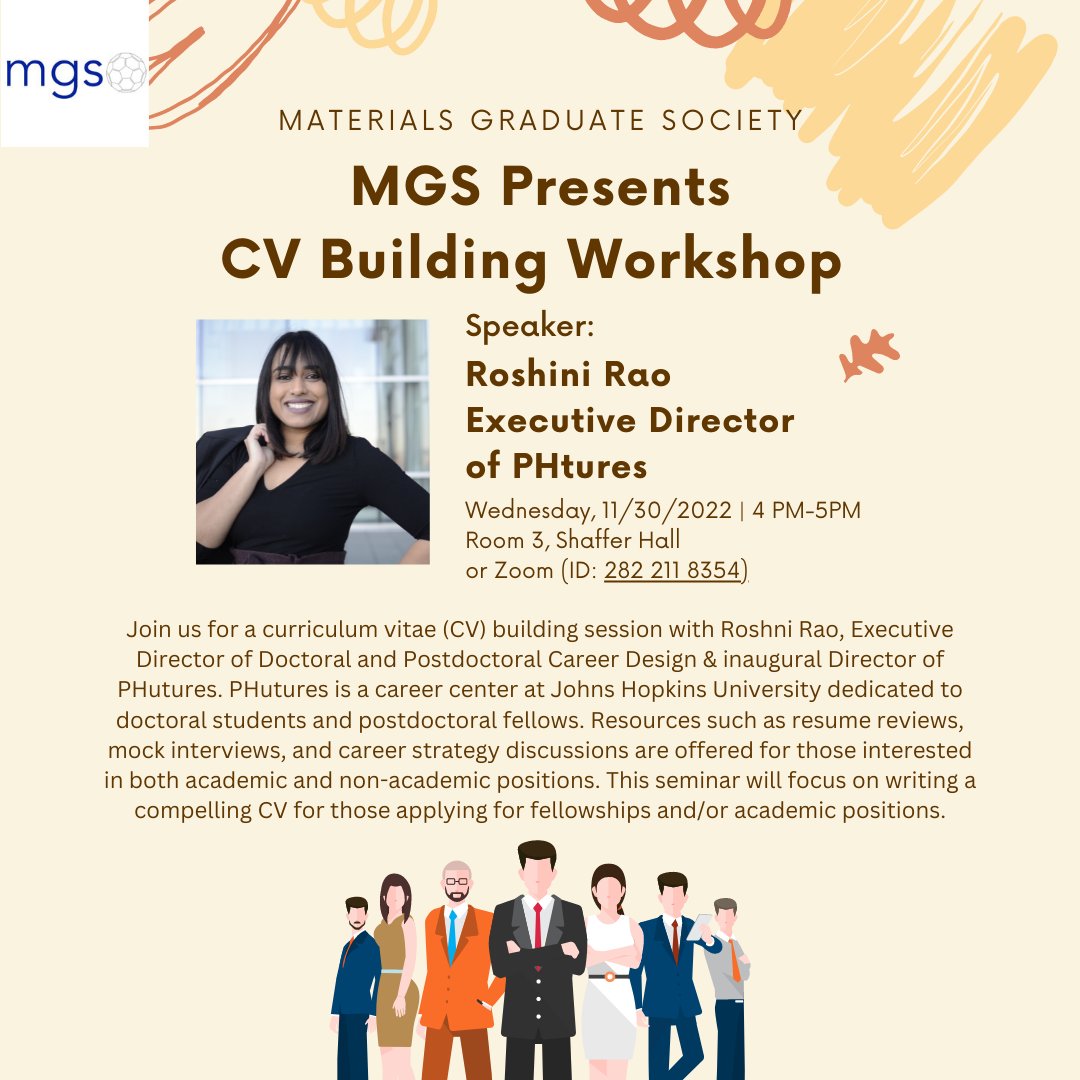 Materials Graduate Society (MGS) @JHUMaterials is happy to invite @drroshnirao , executive director of the @phuturesjhu office to talk about how to build a strong CV. Join us in person today (11/30) 4-5pm at Shaffer room 3 or over Zoom!