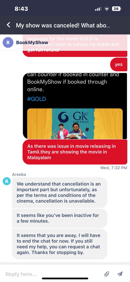 y0ge5h's tweet photo. @GKcinemas Bookmyshow is not accepting the cancellation! https://t.co/43CX9dxquc