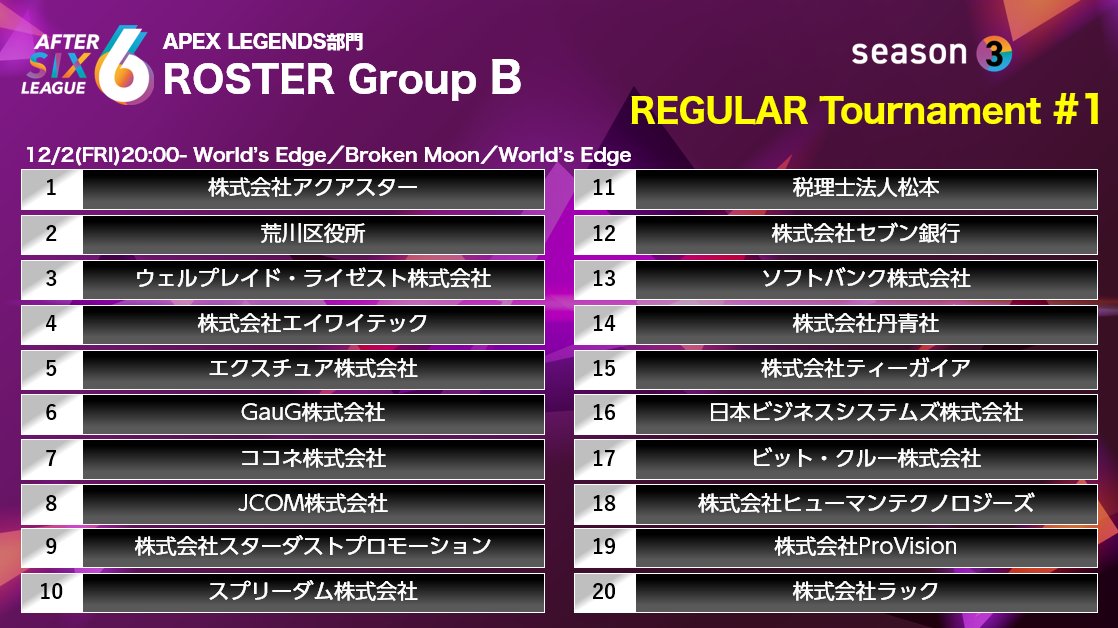 After6League's tweet photo. 🎊【明日20時開幕】#A6L シーズン3 #APEX 部門🎊

A6L史上初‼️61チーム参加の大商弾会がいよいよ明日、開幕します🥳🎉

実況：央川跳惟氏（@TOY_O_inc）
解説：まさのりch氏（@MasaBd1997） 
ゲスト：yunocy氏（@mizuyuno_） 

🔸2022年12月2日(金) 20時～
🔸配信はこちら⤵️
https://t.co/6zhnqCQR3V https://t.co/sLXp9JkZMl