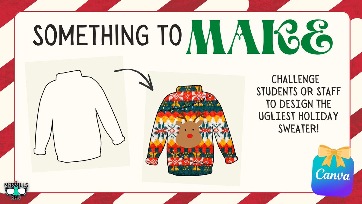 themerrillsedu's tweet image. Joy to the wool! 🧶 🎄😂

Challenge students or staff to design the ugliest holiday sweater! Check out our @canva template w/ instructions to start the fun! ⤵️

themerrillsedu.com/blog-1/2022/11…

#interACTIVEclass #Canva #TeacherTwitter #School #CanvaLove @MrNunesteach @LeenaMarieCanva
