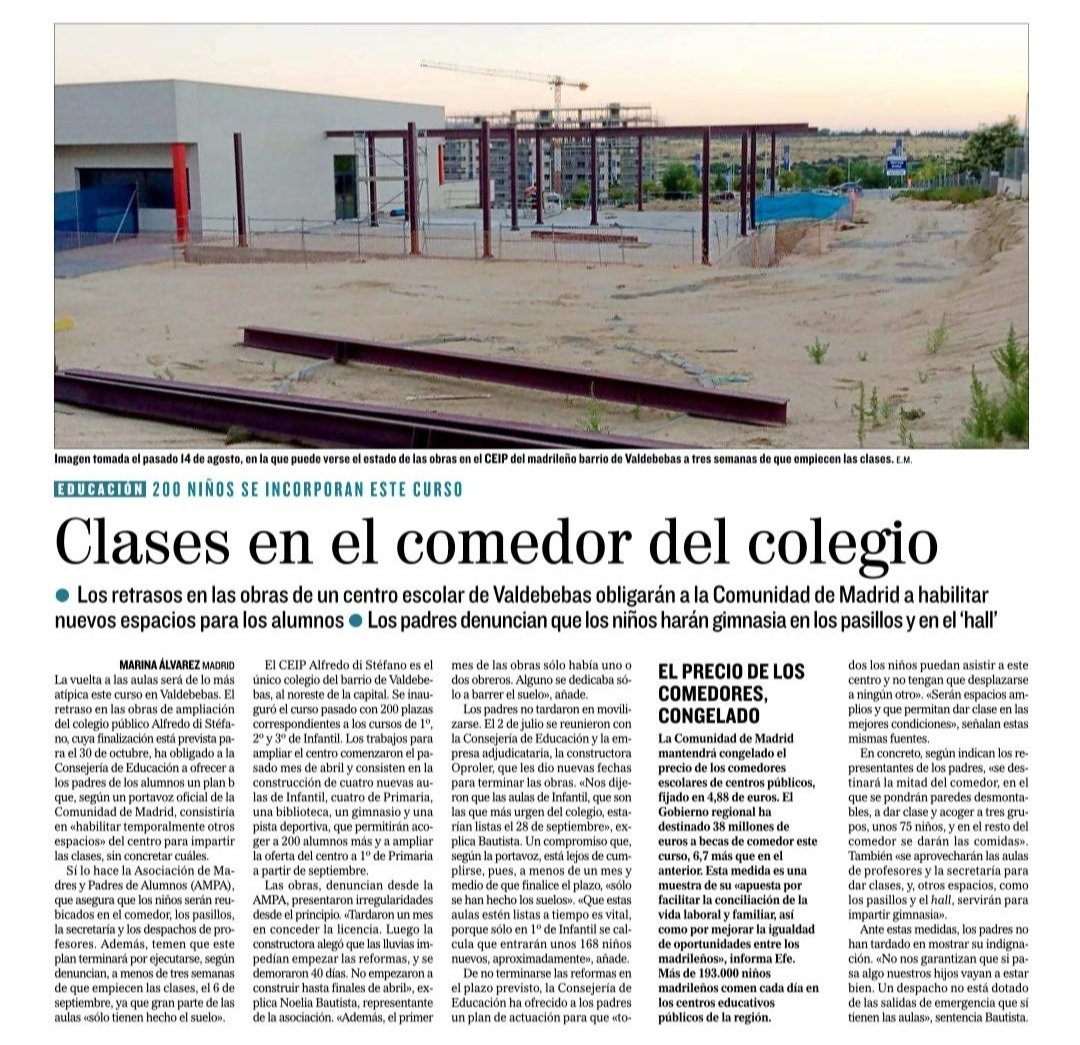 Por favor, no nos olvidemos que en #Valdebebas se han tenido que dar clases en el comedor en un colegio que sigue masificado y ésto mismo lo están sufriendo los alumn@s del <a href="/AMPANuriaEspert/">AMPA Nuria Espert</a> . Terminad el colegio Nuria Espert y construir el #IESValdebebasYA .El Mundo año 2018: 👇🏼