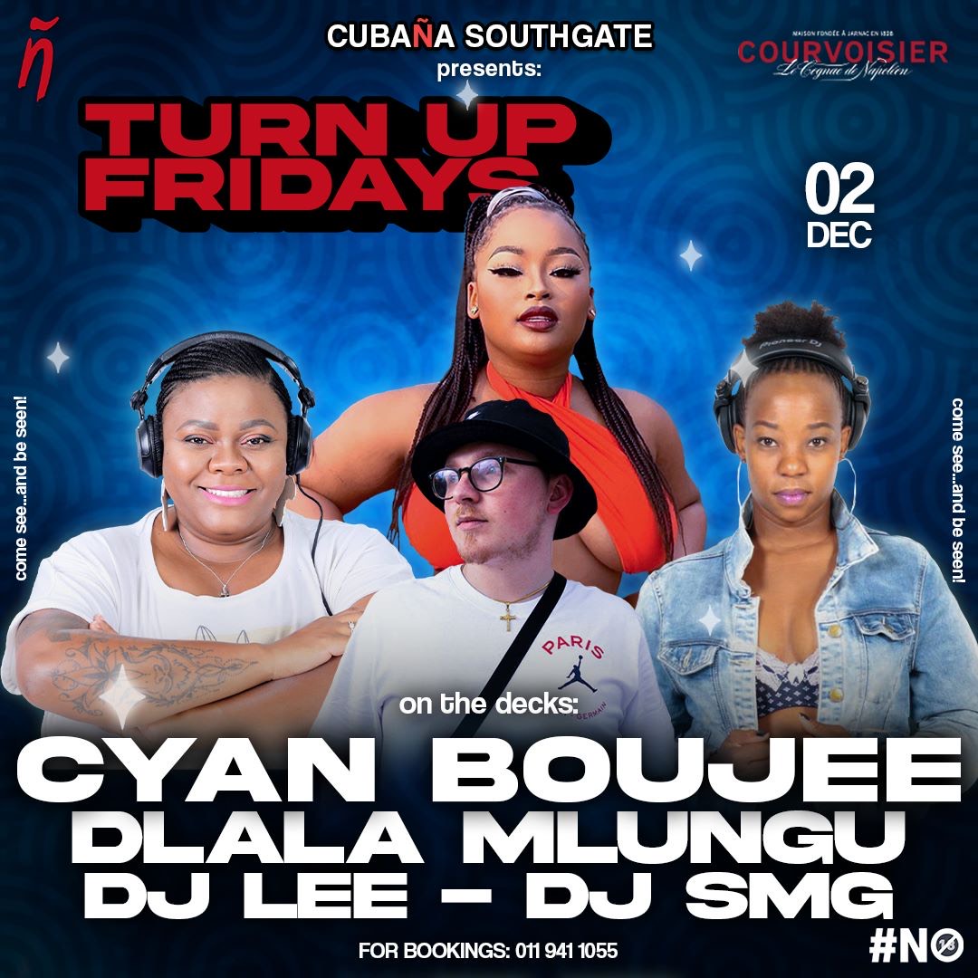 We have a HOT line up planned for you for this weekend's #TurnUpFridays 🔥🔥

Join us as you move your feet to the sounds of Cyan Boujee, Dlala Mlungu, DJ Lee and DJ SMG! 

We have some great drinks specials coming up for December, keep following our page for details!