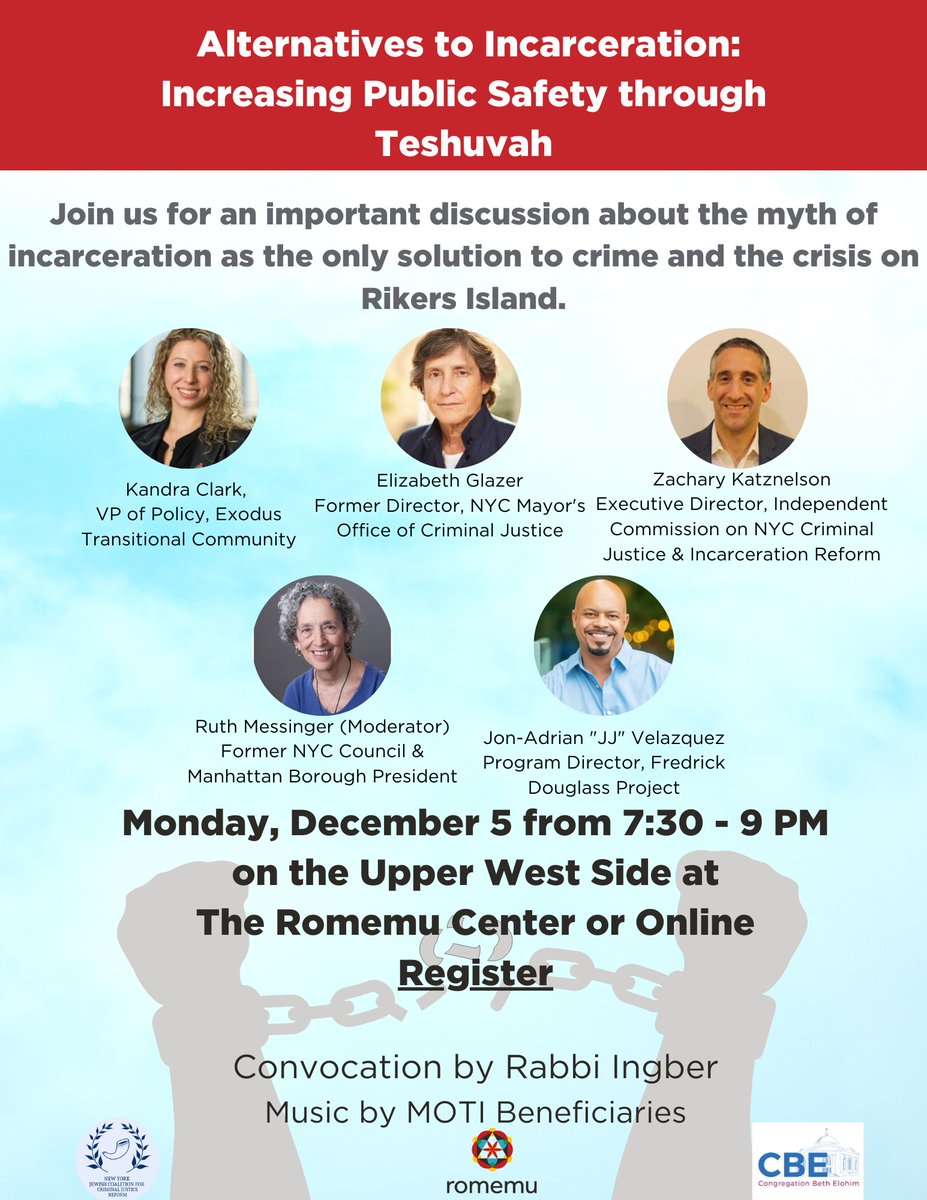 Join me, @KandraClark17, @LizGlazerNYC, @ZacharyKatznel1 & @JJisFree2021 at this @romemu event on alternatives to incarceration on 12/5 (in-person or online). You can register here: bit.ly/3VlLXVR