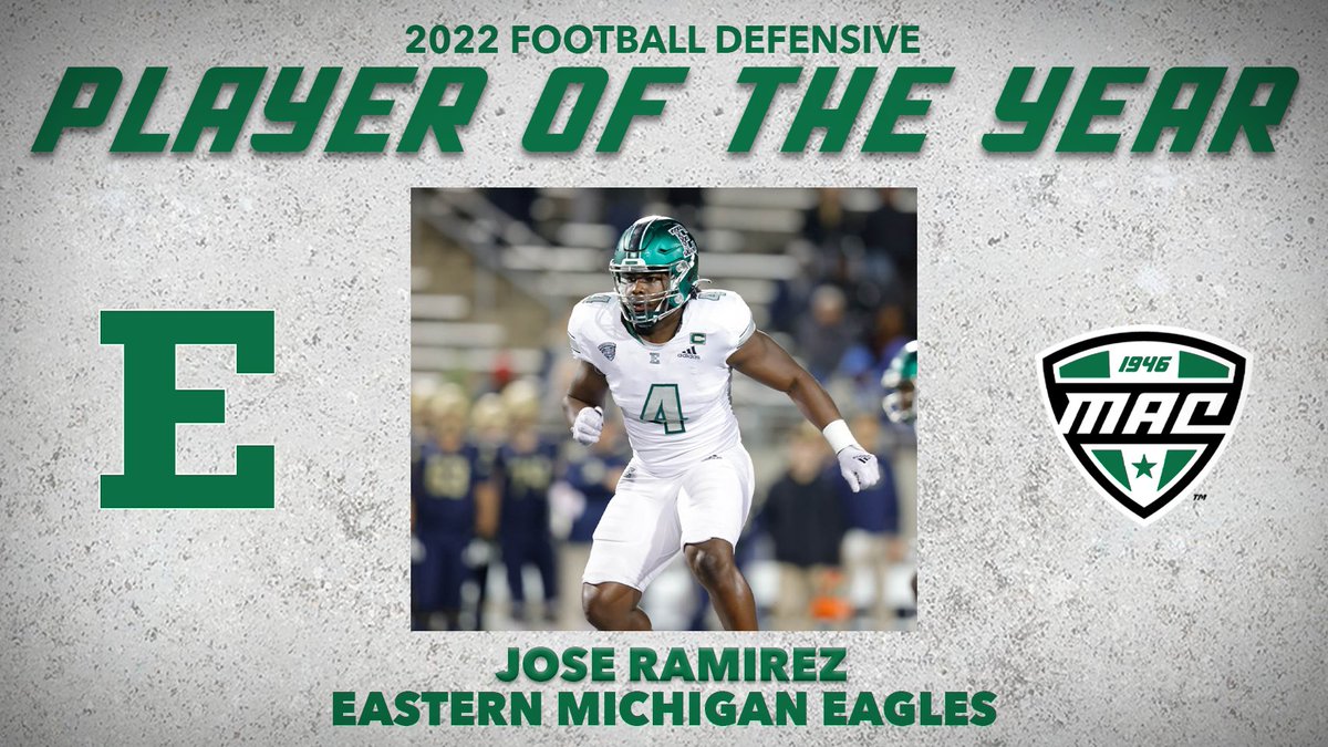 MACSports's tweet photo. 🏈 2022 Defensive Player of the Year 🏈

Eastern Michigan's @Jose4six has earned 2022 MAC Football Defensive Player of the Year accolades!🦅

#StackEm | #MACtion https://t.co/KvJO3GWy3A