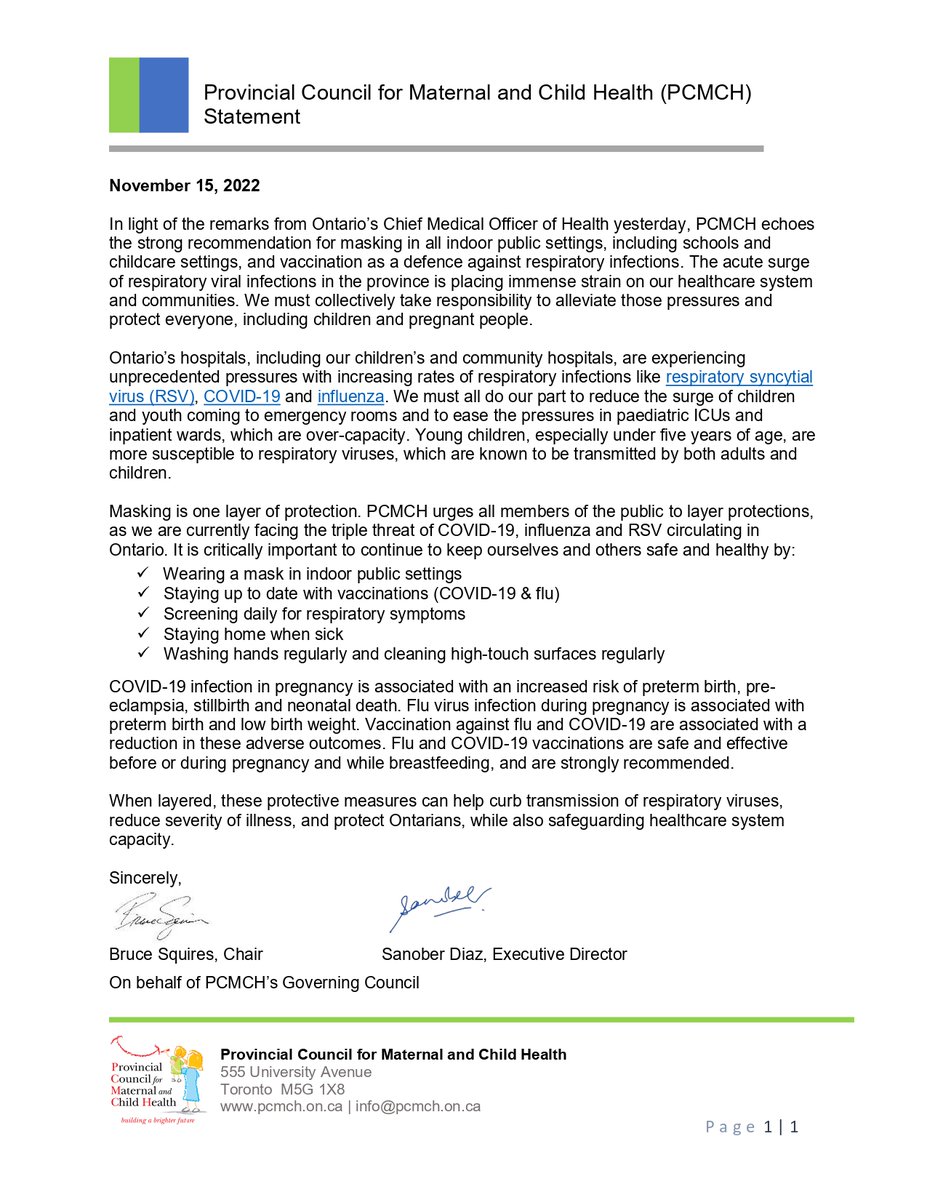 PCMCH_ON's tweet photo. PCMCH strongly recommends masking in indoor public spaces &amp; staying up-to-date with COVID-19 &amp; flu #vaccines, as eligible. Read our recent statement reaffirming the importance of layering protections as Ontario currently faces the triple threat of #COVID19, #influenza &amp; #RSV. https://t.co/TvNn9ZHamF