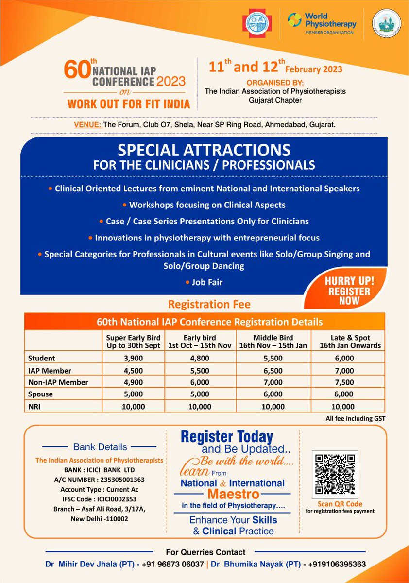 SagarNaikPT's tweet image. “Early bird offer extended up to 15th December” #iapconference #registernow #physiotherapy @WorldPhysio1951