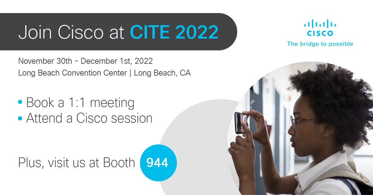 rpariscisco's tweet photo. 📣 Will we see you this week at @CITE_EDU? Our Cisco #education team will be onsite ready to discuss your specific needs and showcase our extensive portfolio of solutions for K-12.  
Learn more: https://t.co/6GTGqRzyuW

#CITE2022 https://t.co/faL6izOQen
