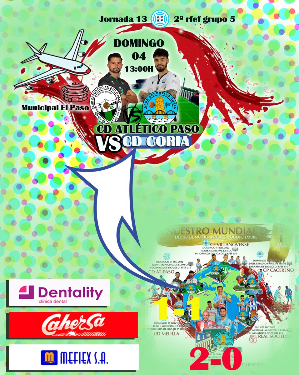 ✈️VOLEMOS A POR LA VICTORIA 
2ª RFEF G- V | 13ª Jornada de Liga 
 🏟️ Municipal "EL PASO" (El Paso -La Palma)
 🗓️ 04/12/2022| ⏱️ 12:00h(Insular) 13:00h (Peninsular)
💚🖤 <a href="/AtleticoPaso/">Club Deportivo Atlético Paso</a> 🆚 <a href="/CDCORIA/">Club Deportivo Coria</a> 💙🤍
📲#AtPasoCDCoria
📺insports.tv
📻<a href="/enjuegoCEX/">Extremadura en Juego</a>
🧾<a href="/manolomartin73/">Manolo Martín</a>
