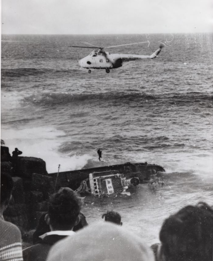 The tragedy of the French trawler F/V Jeanne Gougy.
A Westland Whirlwind HAR.10 helicopter from No. 22 Squadron at RAF Chivenor. It was flown by F/Lt  John Canham, D.F.C. and F/Lt John Egginton, with winch operator Sgt Eric Smith. Just four of the eighteen trawlermen were saved.