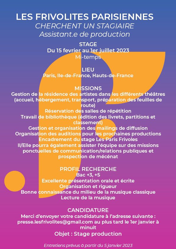 [FRIVOL' STAGIAIRE]

La saison se poursuit et la compagnie recherche une nouvelle pépite à partir de février 2023 🪘

Rejoignez une équipe de passionnés pour cinq mois !

⏰ Candidatures jusqu'au 1er janvier minuit !