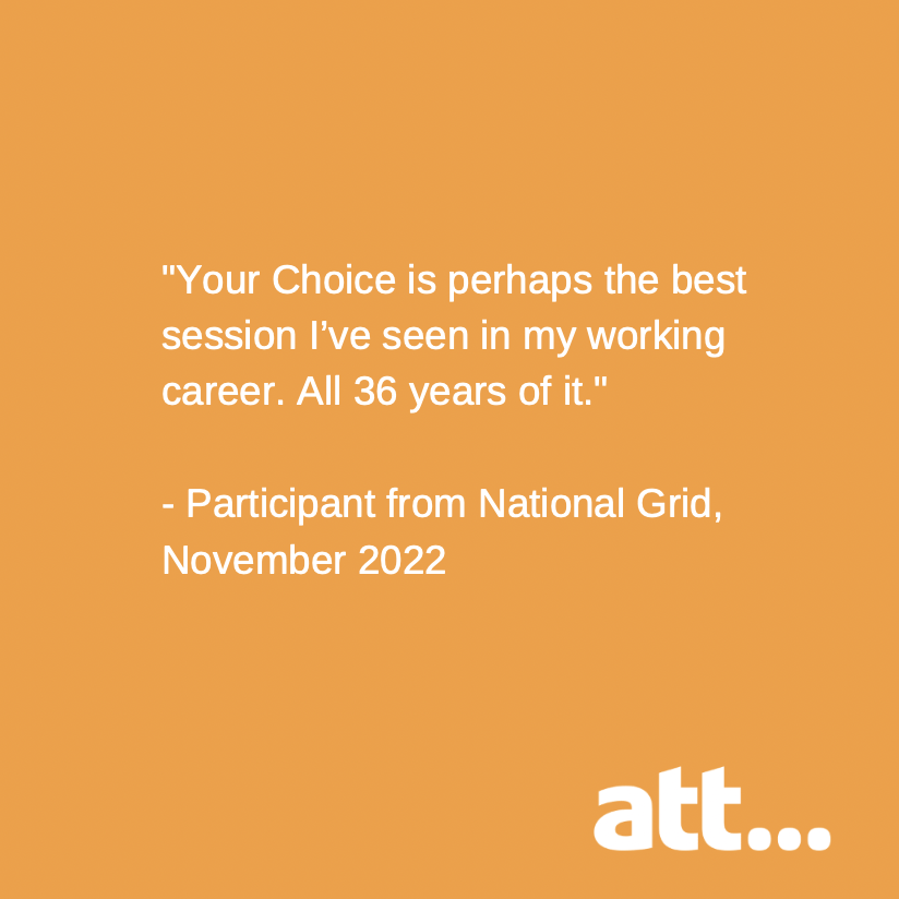 ATTexperiential's tweet photo. We deliver impactful training that really makes a difference! Great feedback from our recent Your Choice session for @nationalgriduk in Warwick. Originally developed for @TfL, Your Choice is our award-winning mobile programme - visit https://t.co/tFV9xwfJ5v to learn more. https://t.co/NN1I6Y2q7g