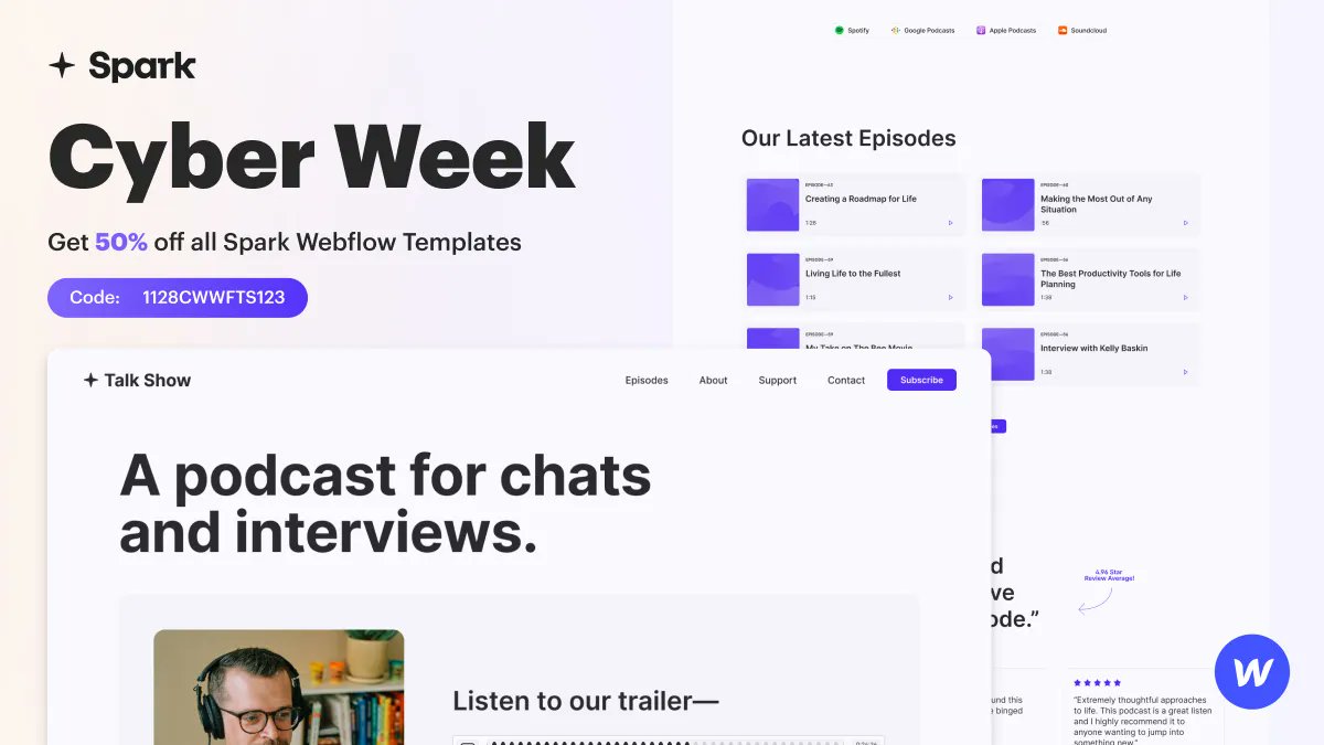 SparkDotDesign's tweet photo. Webflow is the easiest way to create beautiful websites without writing code. Get started today and see the difference with https://t.co/6WUKDWxmFC Webflow templates make in your business. Don't forget to check out our Cyber Week sale! For a  limited time, you can save 50% https://t.co/eg2qU7cj35
