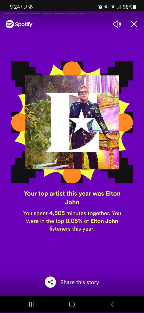 BriCanini's tweet photo. Well....one year later...@eltonofficial is still number for me! #SpotifyWrapped https://t.co/0lEMxTzsoP
