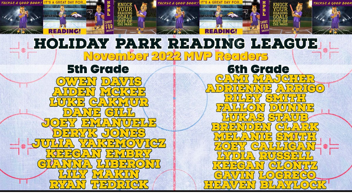 hprl_pbsd's tweet photo. 🏆🏒📚Shooting for our goals and announcing Holiday Park Reading League's November 2022 Homeroom MVPS! Please share the achievements of our amazing Holiday Park Reader Leaders!📚🏒🏆Work Hard! Dream Big HPI! #plumlearns  #plumproud #hprl #Reading 
@HPEPBSD
@PlumTeachers https://t.co/QRKxnpN3Jt