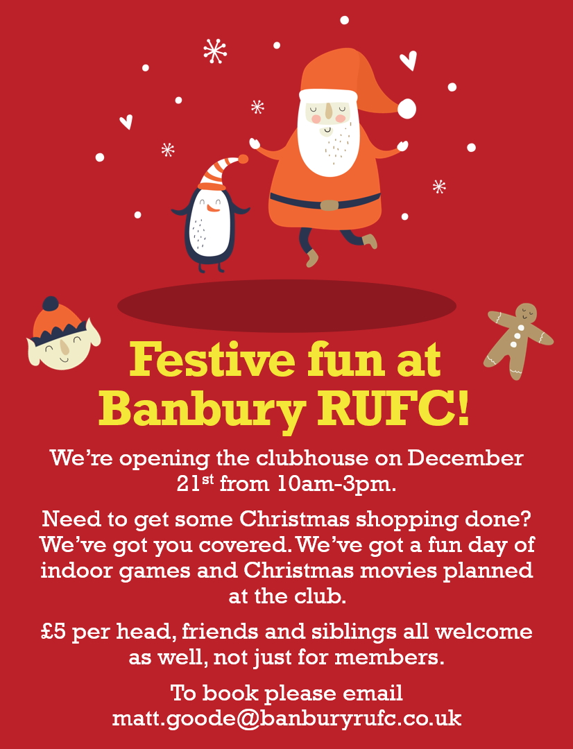 BanburyRUFC's tweet photo. Festive fun for the little ones this Christmas. Need to get some Christmas shopping done? We’re putting on some games and Christmas movies at the club on the 21st of December. £5 per head for the day. To book a spot, please email matt.goode@banburyrufc.co.uk https://t.co/R7LbQESsBG