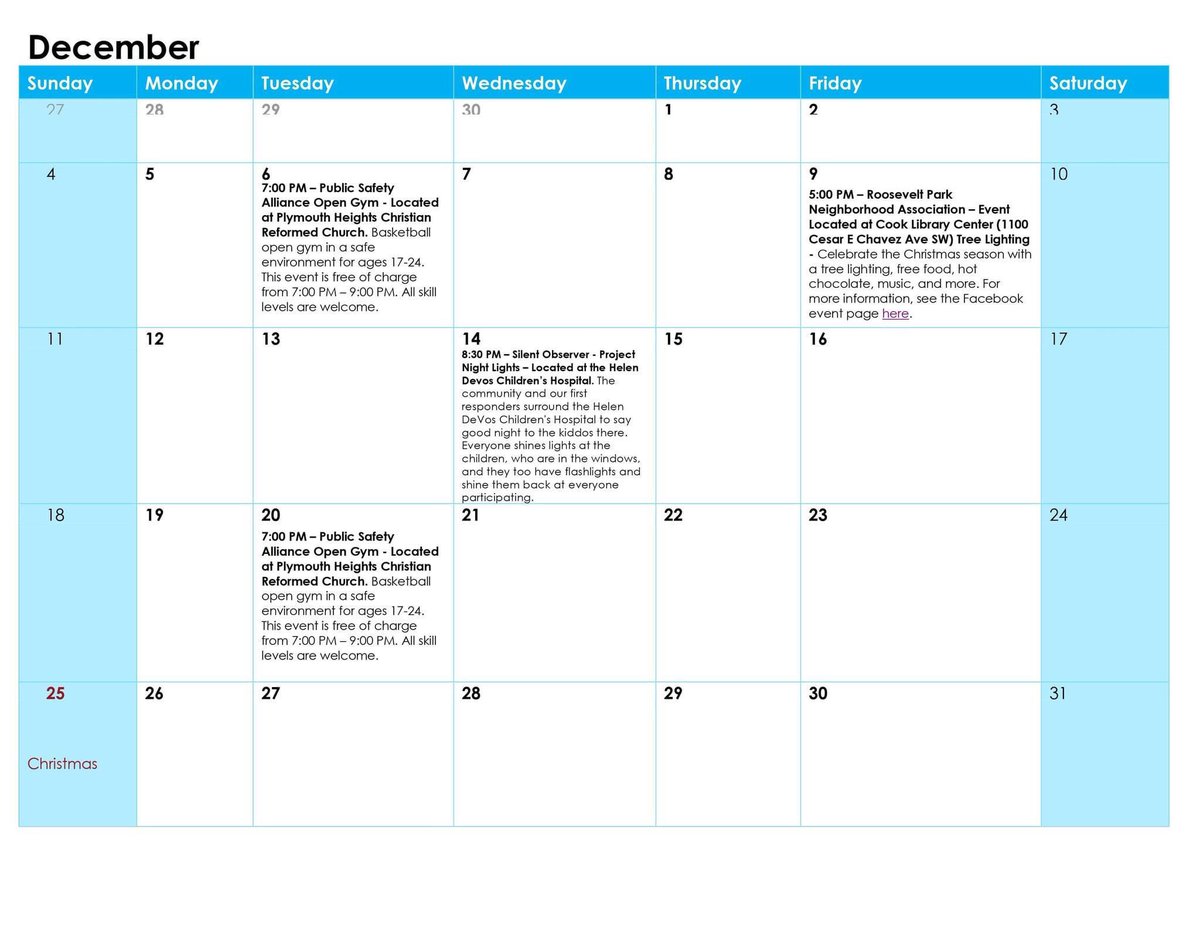 Check out these awesome events in December hosted by <a href="/devoschildrens/">devoschildrens</a>, Silent Observer, and the Roosevelt Park Neighborhood Association!