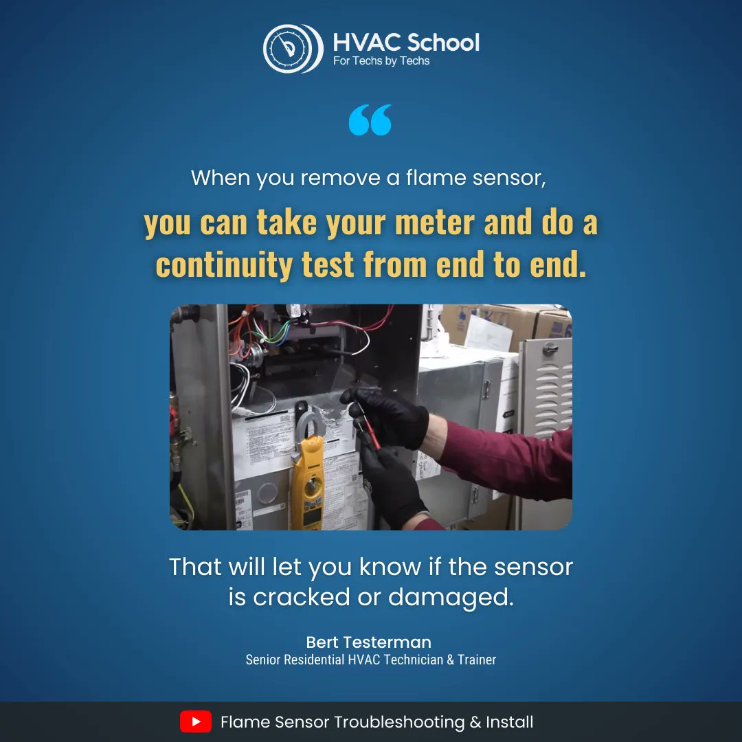 HVACRSchool's tweet photo. Make sure your sensor is unplugged before removing it. Use your meter to check for cracked or damaged sensors.

Find out more about Flame Sensor troubleshooting and installation with Bert on our HVAC School YouTube channel. 

#HVAC #Flamesensor #Meter #troubleshooting https://t.co/TbsI7PLaeL