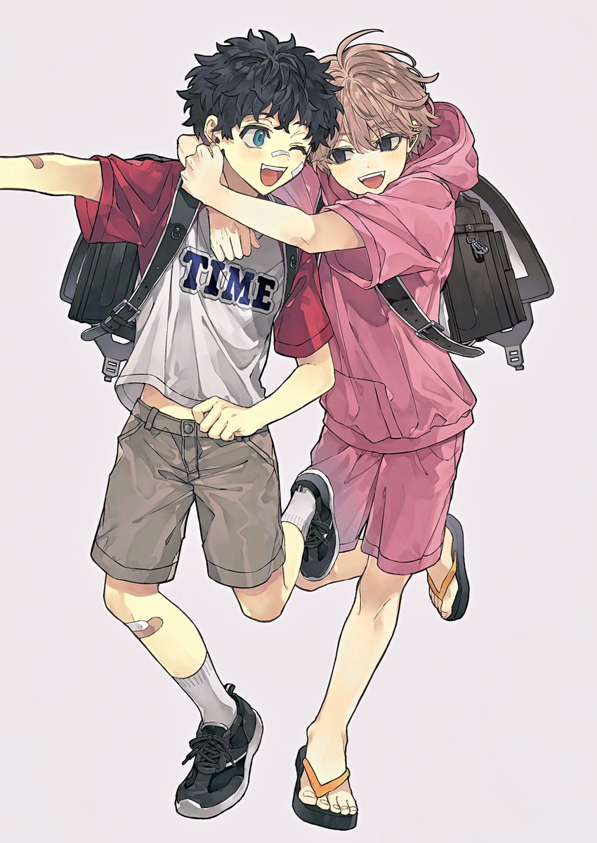 2boys multiple boys shorts backpack bag male focus one eye closed  illustration images