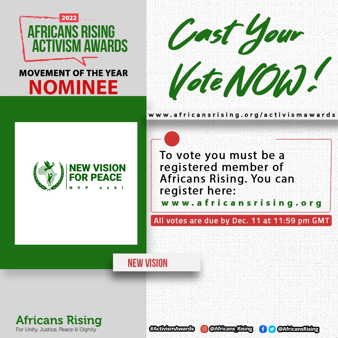 NewVisionforPe1's tweet photo. Bonjour Cher (e)s collègues activistes des droits, de liberté et de la paix. Juste solliciter votre vote en faveur de New Vision for Peace qui finaliste au Prix Activisme Award du mouvement Panafricain Africa Rising pour 2022. #AfricansRising; #youthdialogue https://t.co/cIJoHHF2QR