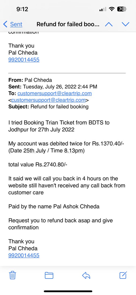 palchheda's tweet photo. @Cleartrip Clearly not getting back to the email complaints I’ve been sending on the customer care email ID

It’s been 4 months now still haven’t received my refund.
The company fails to call back every time I call and ask 

Please check the attachment https://t.co/qmWcT6mcWO
