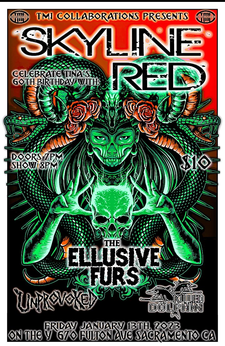 At On the Y
Jan. 13th, 2023
Doors at 7pm

Skyline Red, The Ellusive Furs, Unprovoked and Killed By A Dolphin