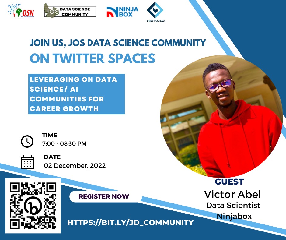 JosDataComunity's tweet photo. Hello Jos Data Gurus!!!
looking towards starting a career in the exciting field of Data Science? Join the Jos Data Community on Friday 2nd and 9th of December 2022.
Register to attend via: https://t.co/xJRz6CDpKA
See flyer for more details.
#JosDataCommunity #CodePlateau https://t.co/JjA3JSHIlR
