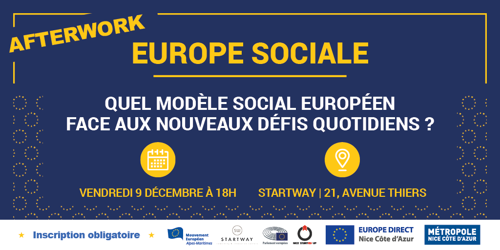 🍹 Échangez, partagez et débattez autour du modèle social européen face aux nouveaux défis à l'occasion d'un #Afterwork au <a href="/startway_SW/">Startway Coworking</a> le 9/12 prochain, en présence de <a href="/syl_brunet/">Sylvie Brunet</a> et <a href="/MagaliAltounian/">Magali Altounian</a> 🇪🇺

👉 europedirect.nicecotedazur.org/evenement/afte…

#NiceCotedAzur