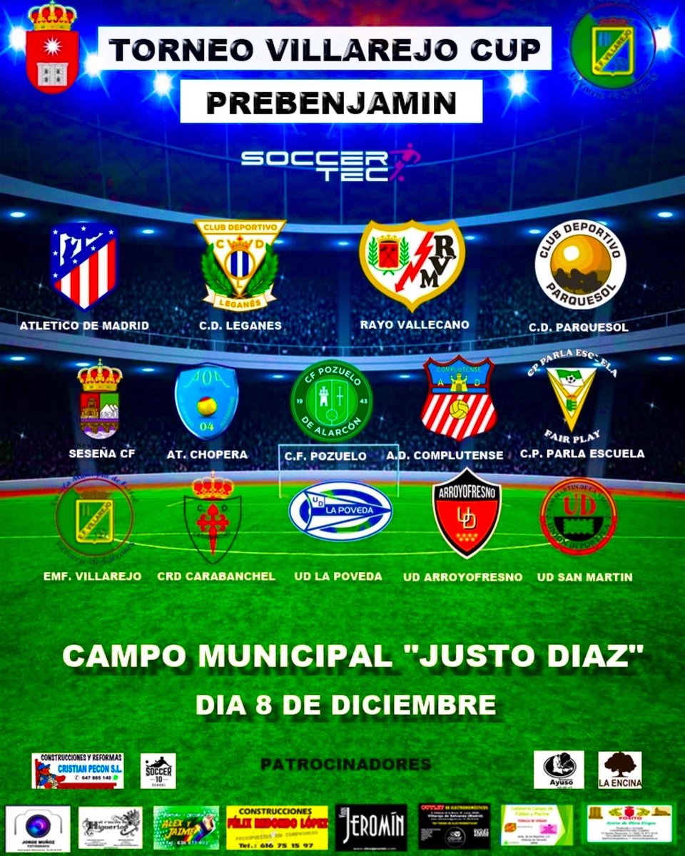 TORNEO FÚTBOL-7 VILLAREJO DE SALVANES ⚽️🏆!! <a href="/soccertecsport/">SOCCERTEC</a> realizará de nuevo un evento de fútbol base, Contaremos con 20 equipos los días 3, 6 y 8 de Diciembre en las categorías PREBENJAMIN, BENJAMIN y ALEVÍN por tanto os esperamos a todos para disfrutar de este gran evento 💪🏻