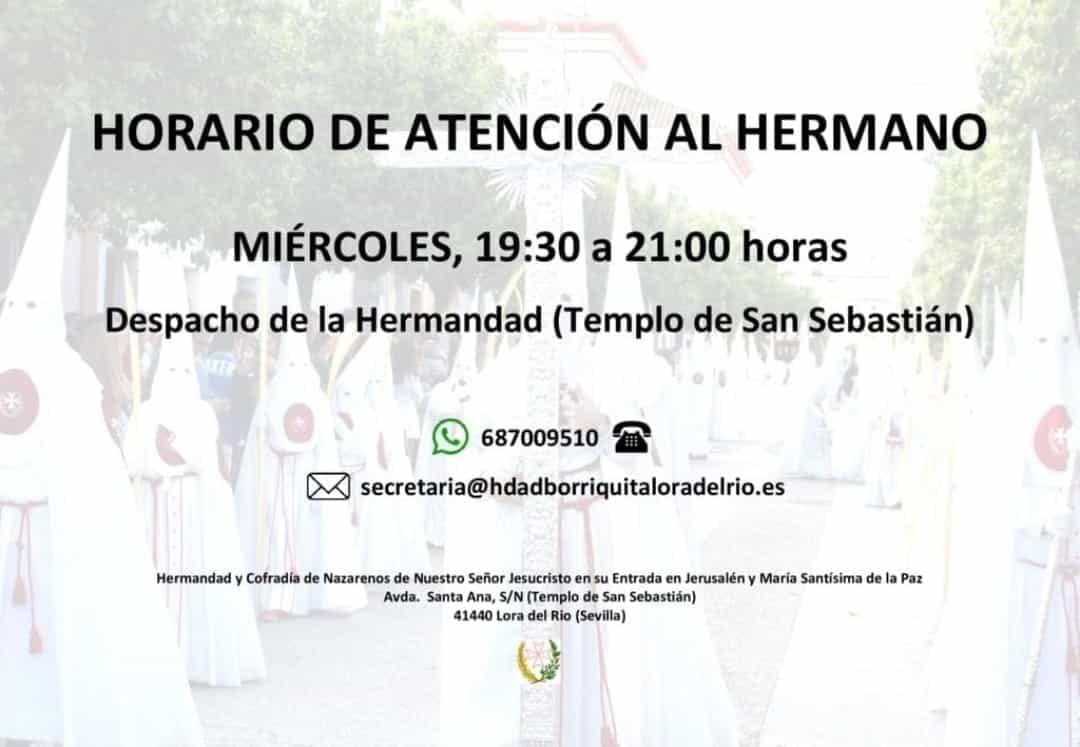 ATENCIÓN AL HERMANO
Hoy miércoles, en horario de 19:30 a 21:00 h., el despacho de nuestra Hermandad situado en el Templo de San Sebastián permanecerá abierto a la atención de todos los hermanos que lo necesiten.