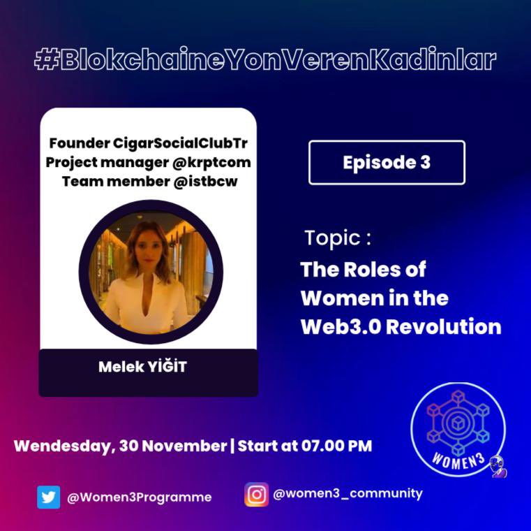 Cigar Social Club Turkey kurucusu Melek Yiğit ile ‘Blokzincire Yön Veren Kadınlar’ konusunu ele alacağız. 30 Kasım 2022 19:00 da herkesi bekliyoruz.