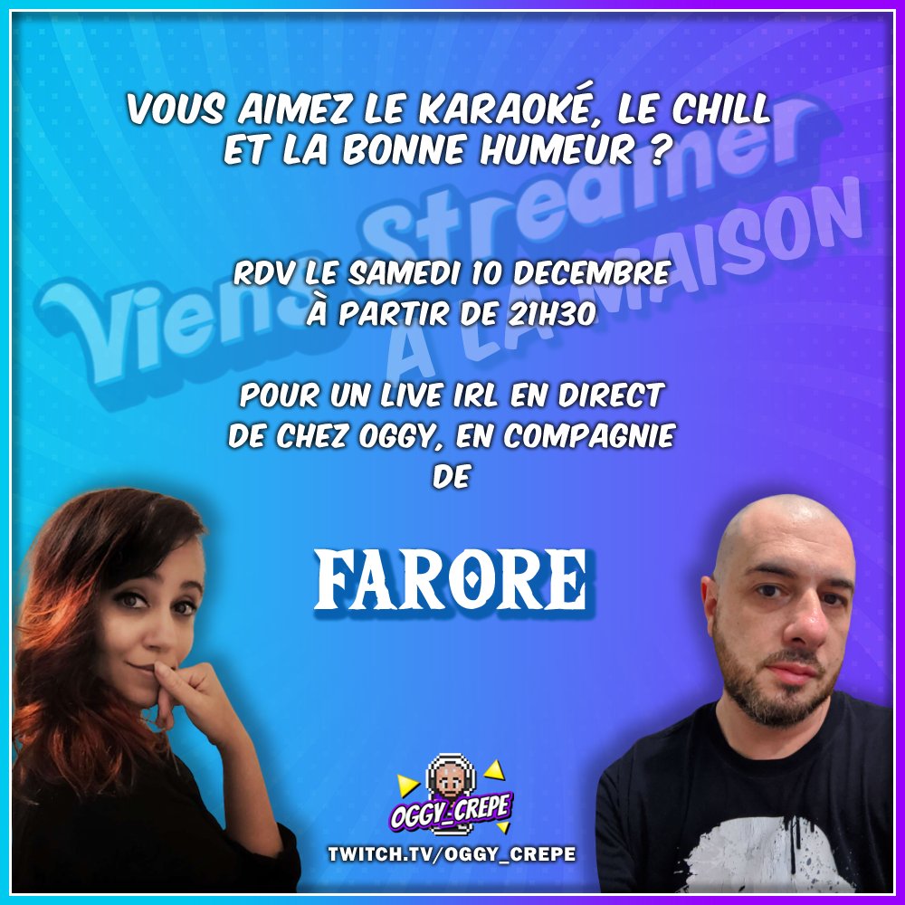 🔥🎙️ANNONCE🎙️🔥

Dans le cadre d'un donation goal caritatif, je reçois le samedi 10 décembre à 21h30 la keupine <a href="/FaroreFirone/">Farore 🌿✨</a> pour un live karaoké, discussion, chill!
Pour voir et entendre la meilleure et la pire voix du game chanter c'est par ici⬇️ 
twitch.tv/oggy_crepe