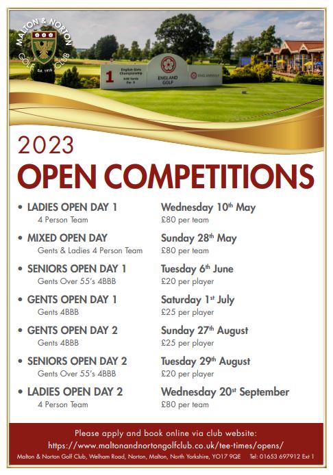 mandngc's tweet photo. Booking for our 2023 Open Competitions is now available, use this link to go to our booking page.
https://t.co/yRD0CqBzp5 or @opengolfcomps 
We look forward to seeing you at Malton &amp; Norton GC in 2023 #opencompetitions #seniorgolf #mixedgolf #ladiesgolf https://t.co/PNMT7y3GbV