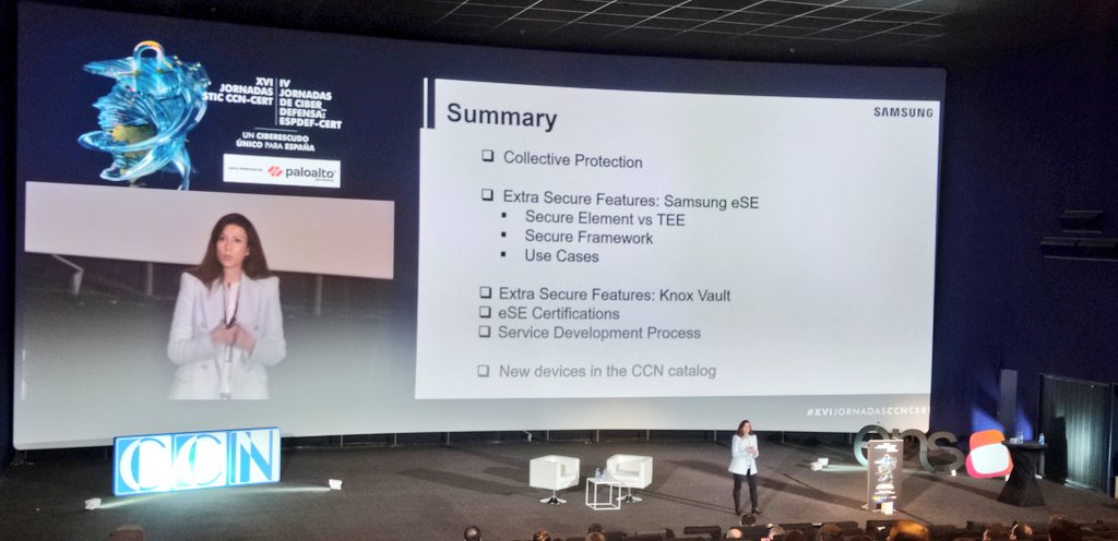 CCNCERT's tweet photo. Turno ahora de @EARWEM, de @SamsungEspana, en la Sala 18 con su ponencia ‘Adding Extra Security Features to Secure Devices: Samsung Ese’. 
#XVIJornadasCCNCERT #IVJornadasCiberdefensaESPDEFCERT https://t.co/T0O7BqUpEl