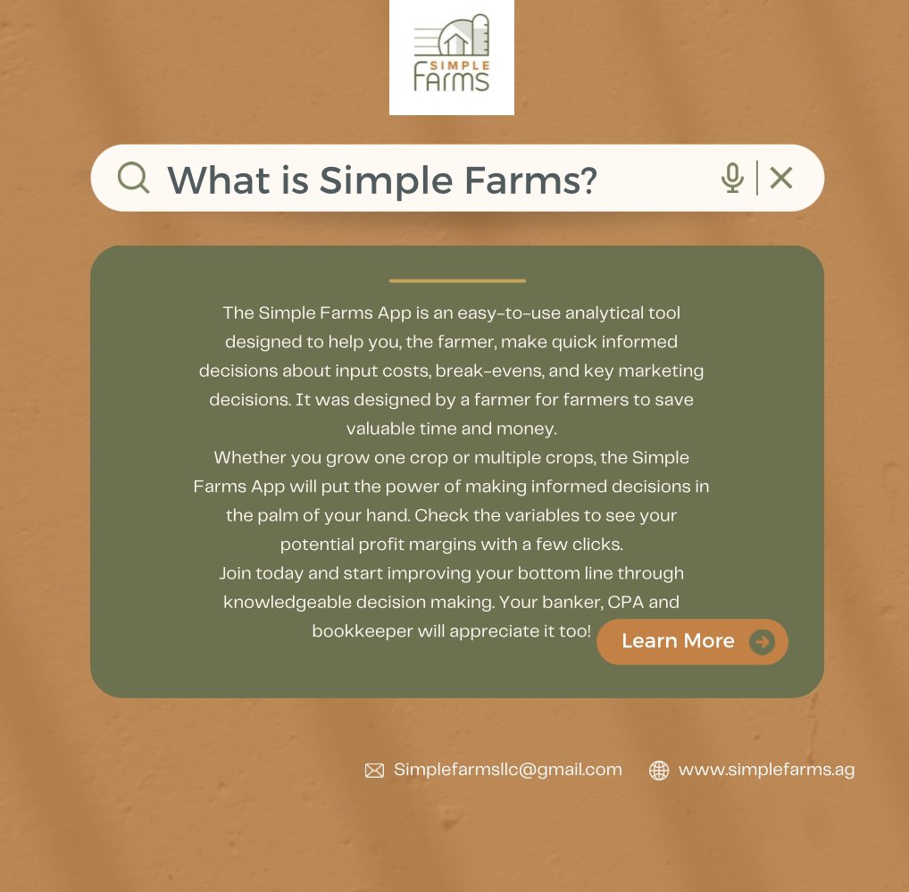 Simple_Farms's tweet photo. Learn more about us & watch our DEMO @ https://t.co/chhxDit4SJ
Contact us with questions
#simplefarmsllc #marginanalysistool #costofproduction #billinglandlords #farmtool #agtech #futureofagriculture #farming #farmmanagementprogram https://t.co/KHG0AM4Ccf