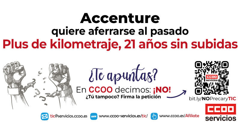 .<a href="/aecspain/">aecspain</a> y @AccentureSpain aún quieren plus de kilometraje congelado

21 AÑOS SIN SUBIDAS‼️

¿Te apuntas?
CCOO dice NO

Firma la petición bit.ly/NOPrecaryTIC

#ConvenioTICdigno #NoPrecaryTIC

<a href="/CCOOAccenture/">CCOO del Grupo Accenture</a> <a href="/CTecnilogica/">CCOO TECNILÓGICA</a> <a href="/ServiciosAragon/">Servicios USO Aragón</a> <a href="/ServiciosCCOOLe/">Servicios CCOO León</a> <a href="/el_pais/">EL PAÍS</a> <a href="/La_SER/">Cadena SER</a>