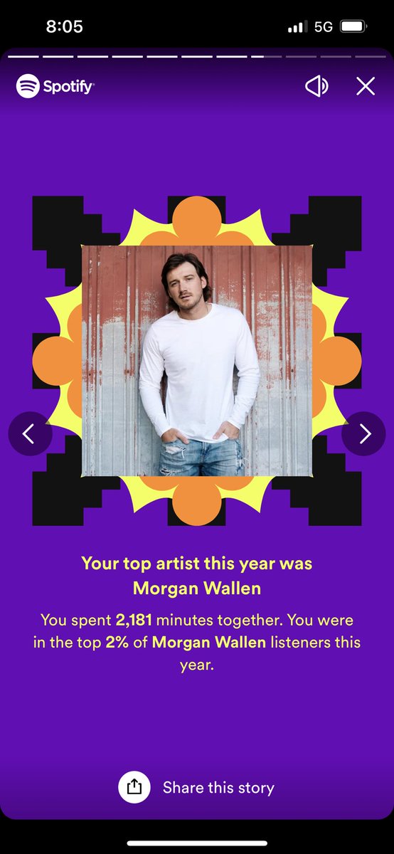 Mrs_dovington's tweet photo. Spotify released my music review for the year.. no secret that @MorganWallen is in my top listeners. I’ll die the day I get to hear cover me up in person. https://t.co/gsyfGeP93L