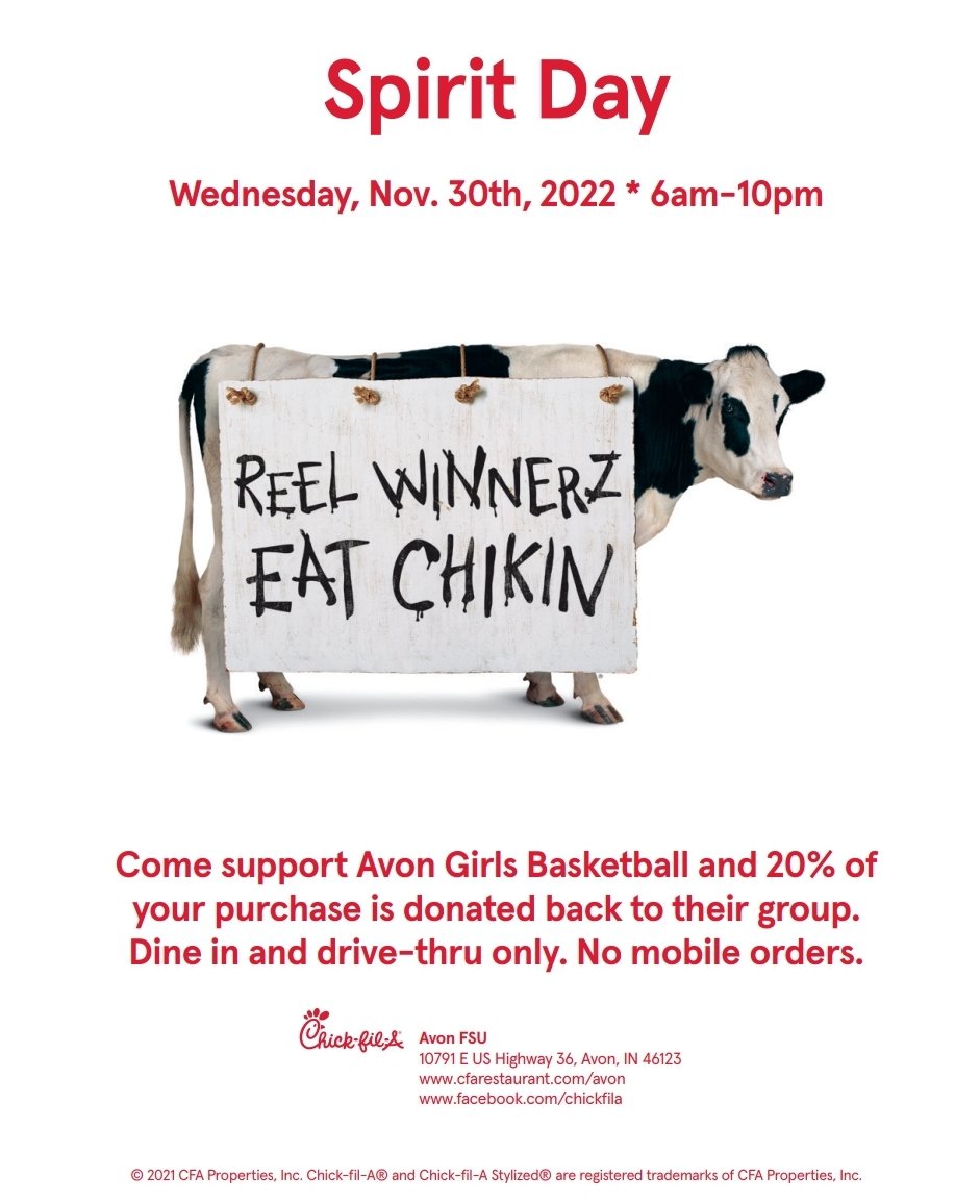 AGB FastBreak Club (@agb_fastbreak) on Twitter photo What better way to celebrate an <a href="/AHSOriolesGbb/">Avon Orioles Girls Basketball</a> win than with some Chick-Fil-A!! Go today and show this flyer to help support our girls! 💛🖤
<a href="/OrioleAthletics/">Avon OrioleAthletics</a>
@TownofAvonIN
<a href="/OrioleAthletics/">Avon OrioleAthletics</a> What better way to celebrate an <a href="/AHSOriolesGbb/">Avon Orioles Girls Basketball</a> win than with some Chick-Fil-A!! Go today and show this flyer to help support our girls! 💛🖤
<a href="/OrioleAthletics/">Avon OrioleAthletics</a>
@TownofAvonIN
<a href="/OrioleAthletics/">Avon OrioleAthletics</a>