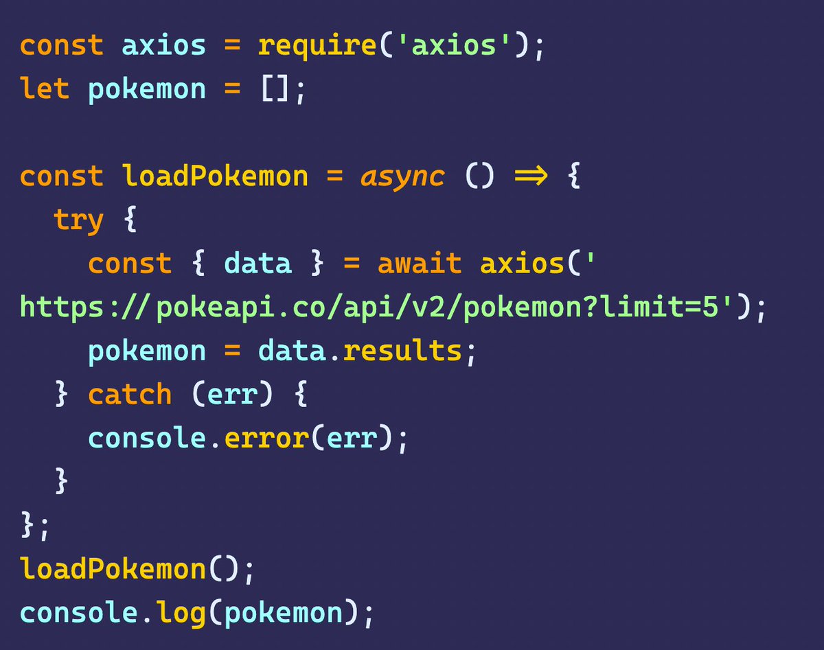 Code snippet of asynchronous JavaScript to load data from the Pokemon API.