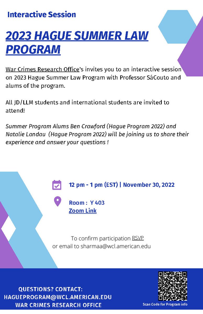 Happening TODAY: 2023 Hague Summer Law Program Information Session at 12:00pm in Room Y403! Register here: forms.gle/xmsPYJk8LLFPXM…