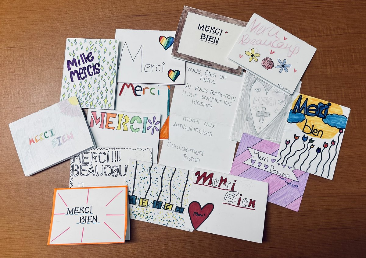 simcoecountyPS's tweet photo. A big thanks to all the Grade 8 students at @WillowLandingES in Mme. Seaidoun’s French class for their great cards to our #Paramedics. We can’t wait to get them out to our stations for them to read!  Thank you for you hard work on these great cards! https://t.co/0dL5gLa7Ep