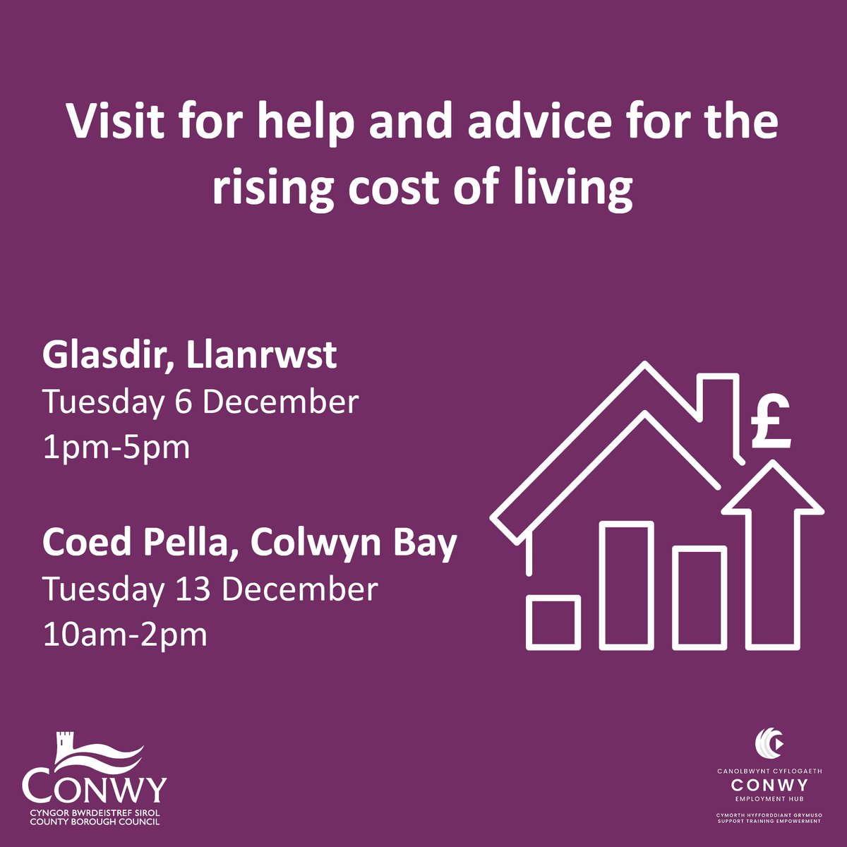 Visit our events for help and advice on dealing with the rising cost of living.

👉 Glasdir, Llanrwst, Tuesday 6 December, 1pm-5pm,
👉 Coed Pella, Colwyn Bay, Tuesday 13 December, 10am-2pm

No need to book, just drop in and chat to staff.

More info: bit.ly/3ViwGoN