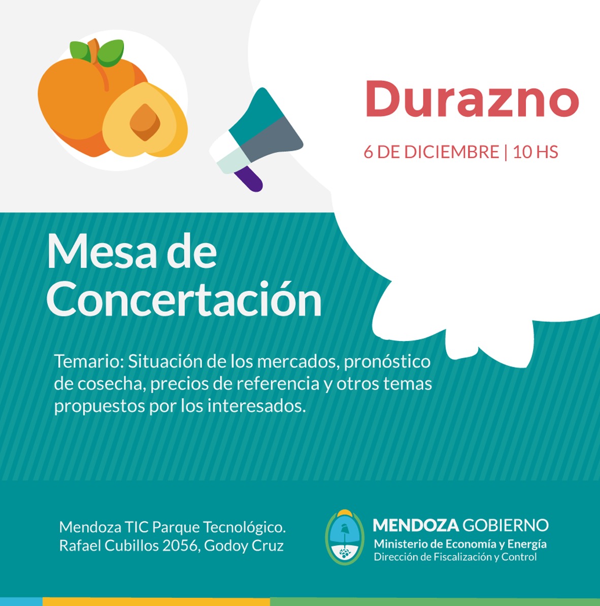 #Gestión #Mendoza 
¡Atención productores e industriales de durazno! El 6/12 conformaremos la Mesa de Concertación del sector en el @MENDOZATIC_ ¿Nos acompañan? Inscríbanse en cutt.ly/S1TAhfM ¡Los esperamos!