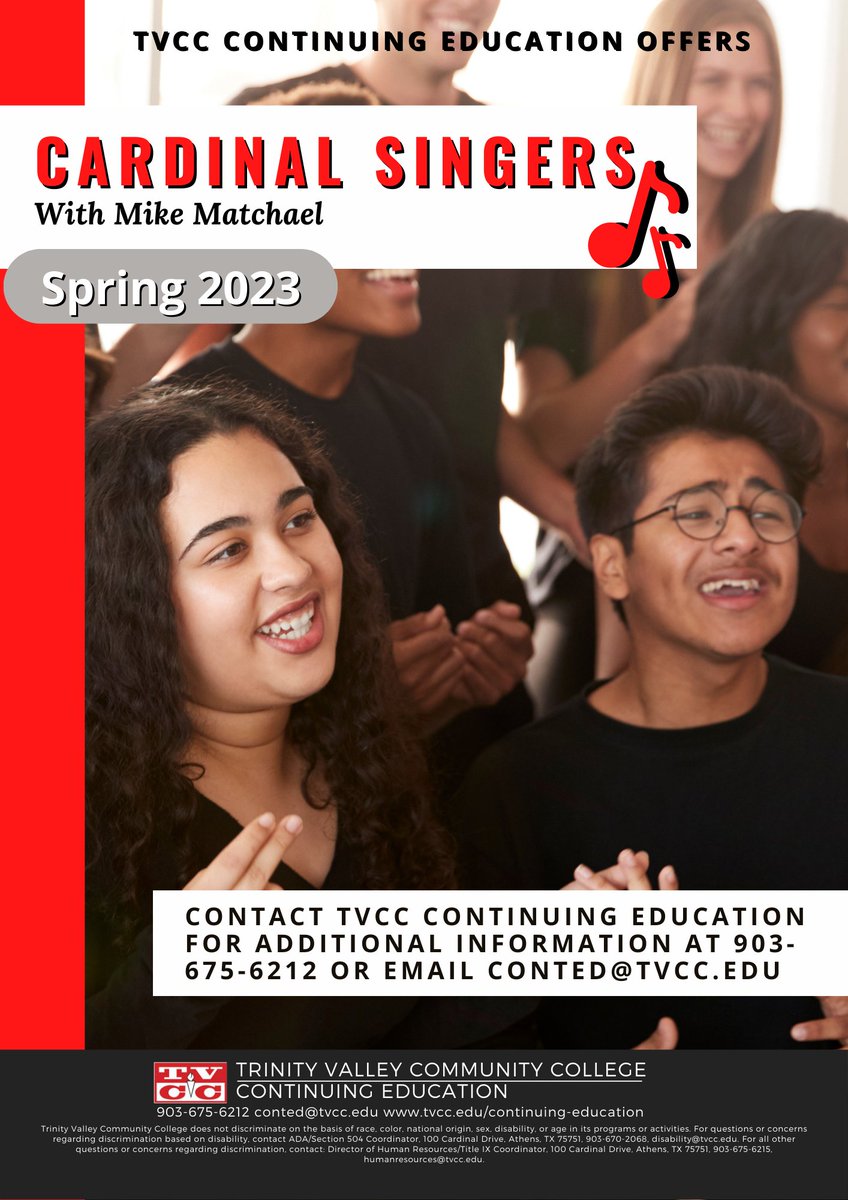 TVCCAlumni's tweet photo. Register now! Classes start January 18th.

TVCC Cardinal Singers and Chamber Singers is open to anyone who enjoys singing. Michael Matchael collaborated with TVCC Adult &amp; Continuing Education to bring this joy-filled experience to the community in 2023! Email conted@tvcc.edu https://t.co/az37CGzq1L