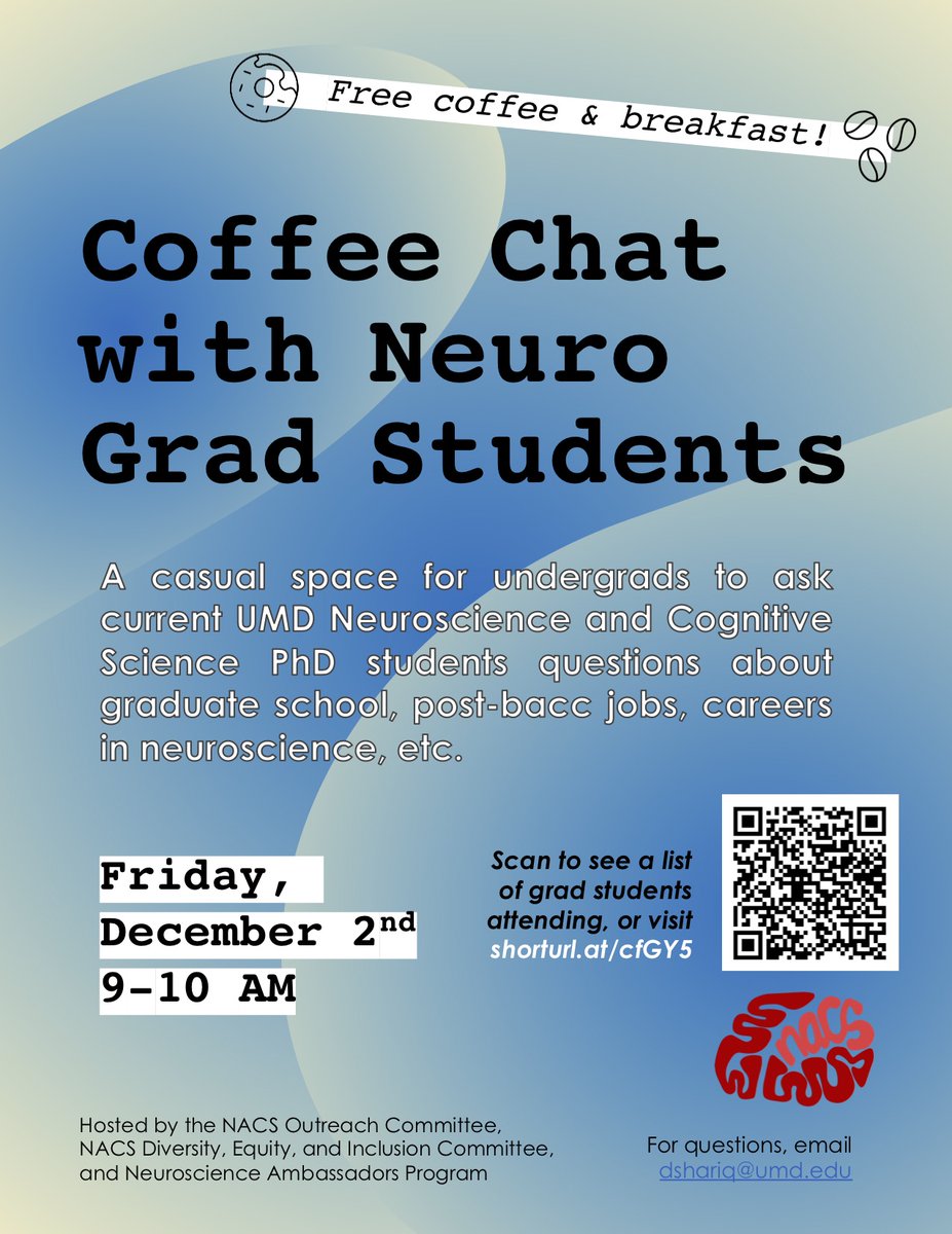 Are you interested in learning about neuroscience, cognitive science and firsthand experiences in grad school?

Join <a href="/umdnacs/">umdnacs</a> students for a casual, small-group conversation about everything from brain research to post-bacc jobs!

📅 F 12/2
🕘 9AM
🔗 go.umd.edu/c9H