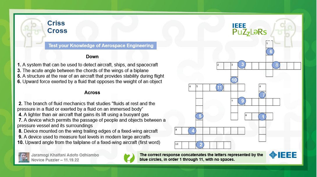 Test your knowledge of #aerospace engineering and solve this criss cross #puzzle.  Solve it in the #IEEE Puzzlers community and earn Puzzler badges.
ieee-collabratec.ieee.org/app/community/…