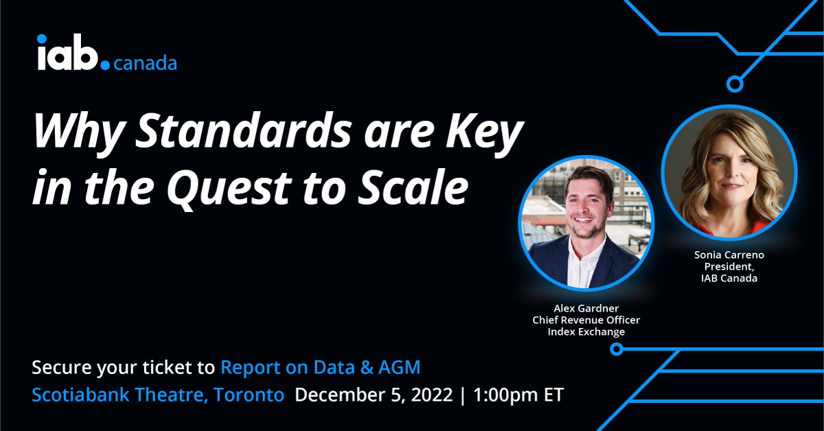 iabcanada's tweet image. Join Alex Gardner, Chief Revenue Officer, @IndexExchange and Sonia Carreno, @IABCanada President to learn more about @IABTechLab&apos;s efforts with the development of standardization. Register TODAY: hubs.ly/Q01tDfK80

#ReportonData #IABCanada