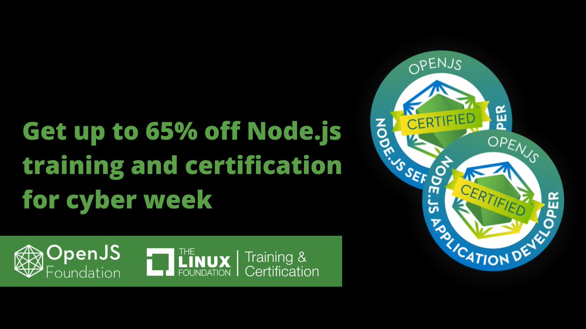 Sharpen your skills with the Node.js training and certification from @lf_training! Now up to 65% off through December 5. ✨ hubs.la/Q01t35N30