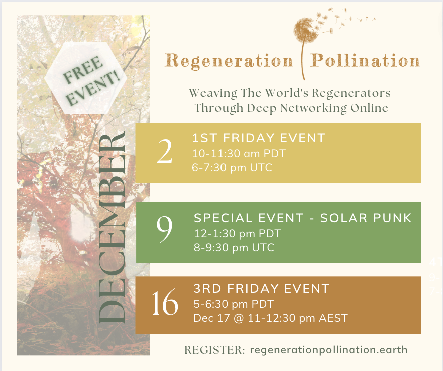Meet like-minded people working on creating a #regenerativefuture at the next Regeneration Pollination this Fri, December 2nd. All stakeholders interested in supporting a sustainable future are welcome! 
Register here for free, but plz consider a donation: us02web.zoom.us/meeting/regist…